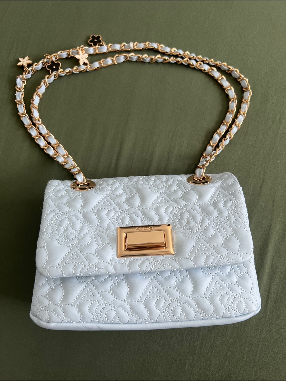 Aldo Light Blue Quilted Shoulder Bag with Gold Chain With Flower Details